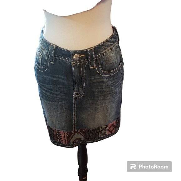 Miss Me Skirt Denim Mini Embroidery Tapestry Hem(27) - Picture 1 of 6